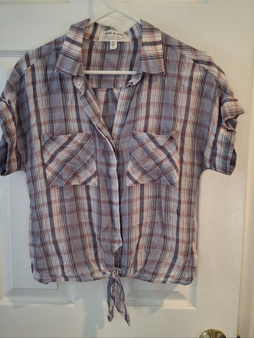 Cloth & Stone Shirt Blue Pink Plaid Tie Front Button Up Short Sleeve Wms Sz S